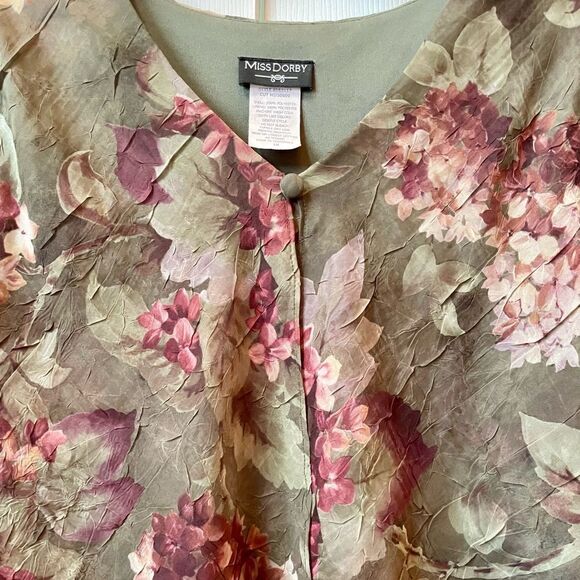 GREEN WITH PINK FLOWERS CHIFFON DRESS WITH SHORT SLEEVES by MISS DORBY SIZE 18 - Picture 2 of 6